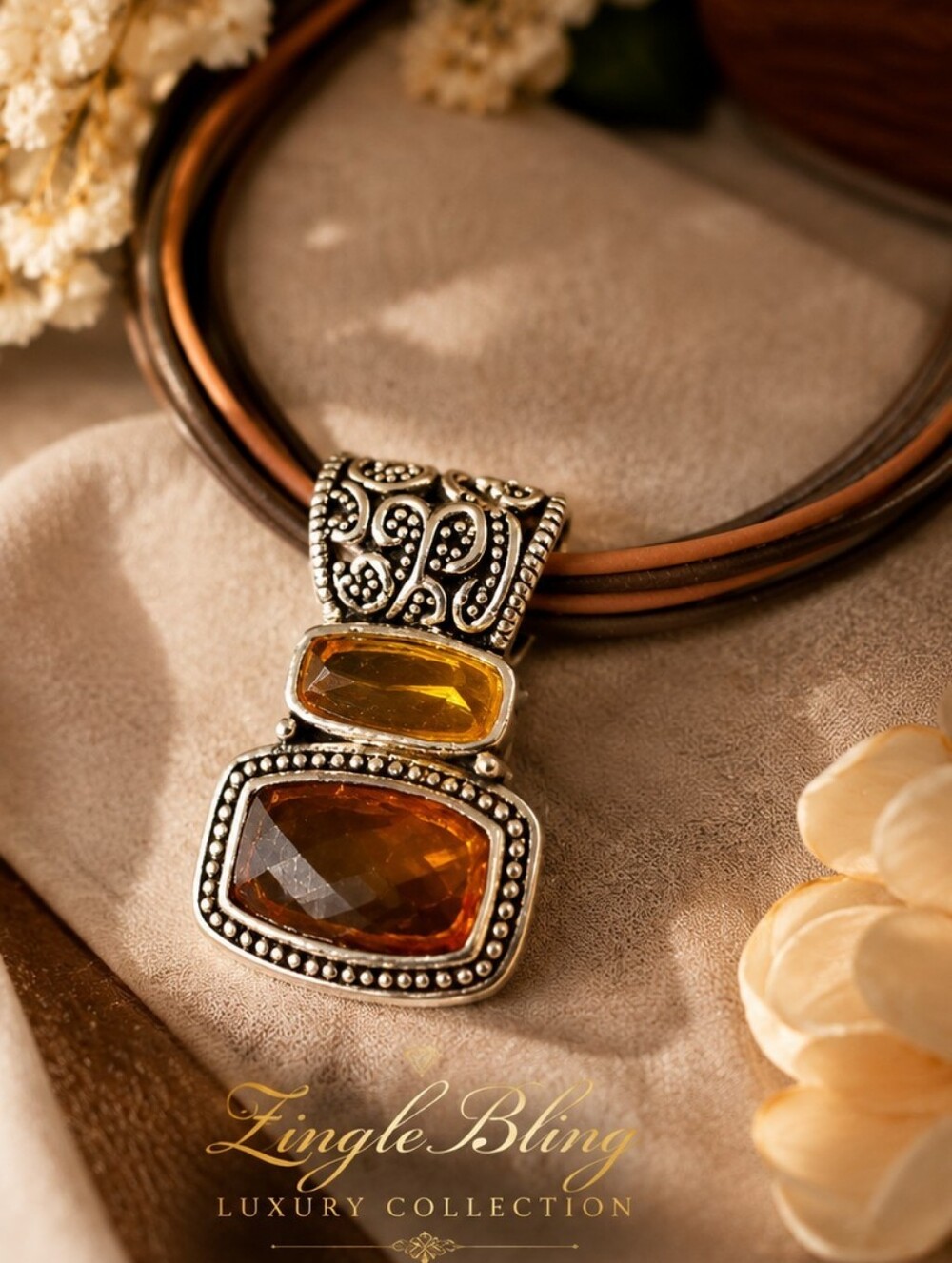 Vintage Cookie Lee Multi Strand Faux Leather Necklace Amber Glass Pendant Boho